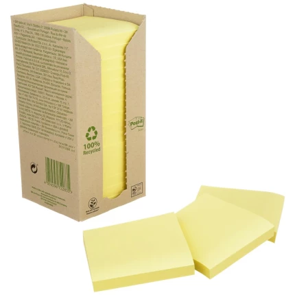 Post-it blokke, gul genbrugspapir, 76×76mm, 16stk