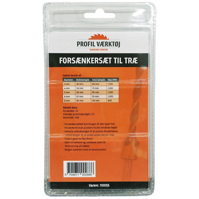 Forsænkersæt t/træ 3-8mm, 5stk
