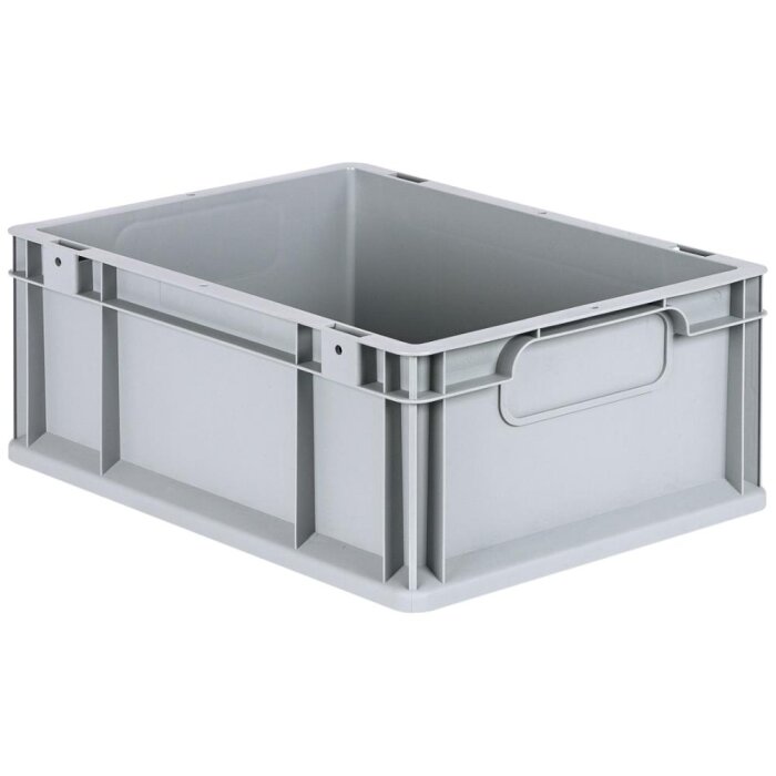 Lagerkasse grå plast 400×300×170 mm, lukkede greb