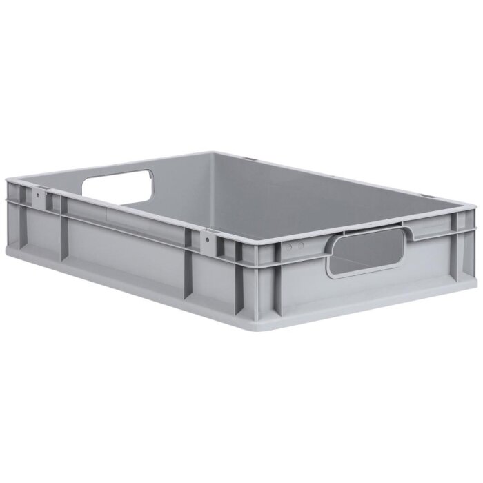Lagerkasse grå plast 600×400×120 mm, åbne greb