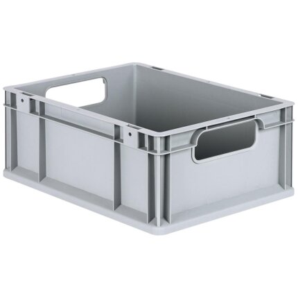 Lagerkasse grå plast 400×300×170 mm, åbne greb