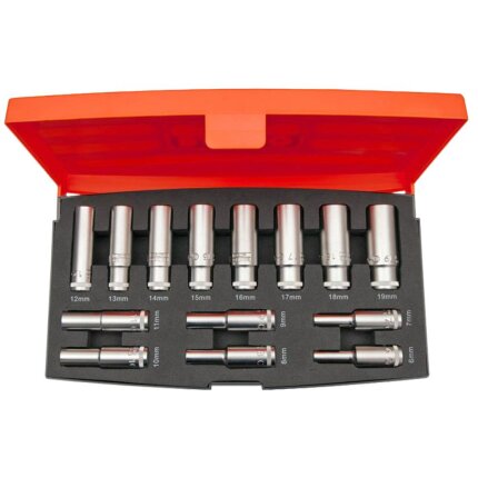 Topsæt 1/2″ 4kt, 12 lange 6-kanttoppe 10-21 mm Topsæt 1/2″ 4kt, 12 lange 6-kanttoppe 10-21 mm