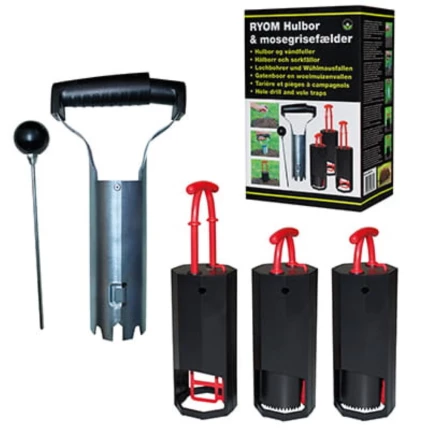 Ryom Rygsprøjte Elsprøjte 10.8V 10L Ryom Mosegrise fælde 3 stk. incl. hulbor