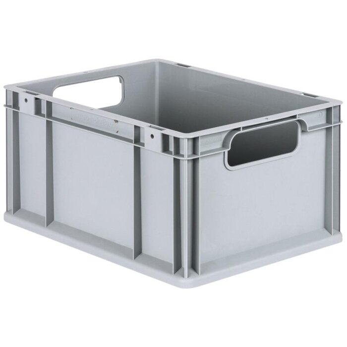Lagerkasse grå plast 400×300×220 mm, åbne greb