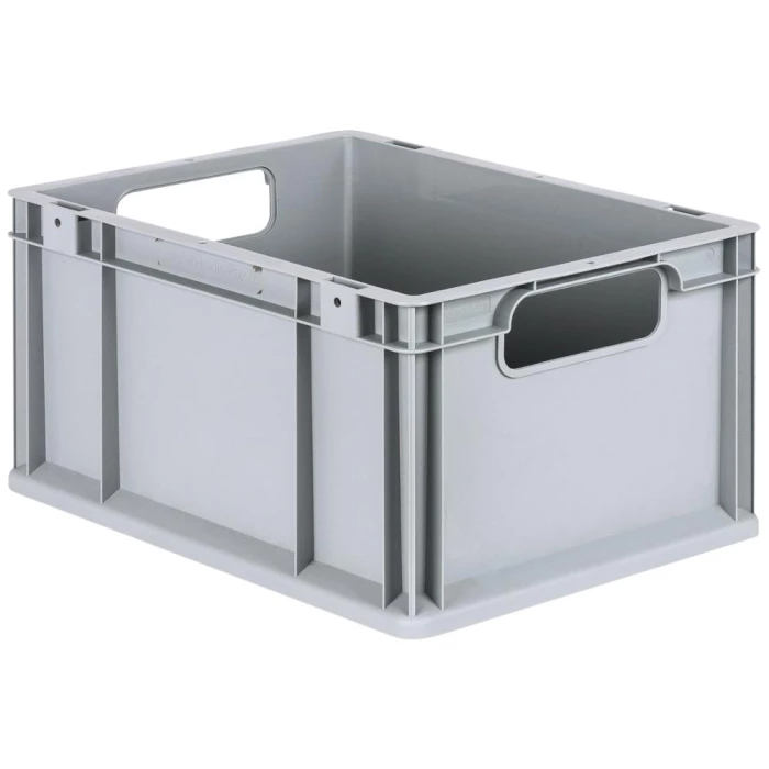 Lagerkasse grå plast 400×300×220 mm, åbne greb