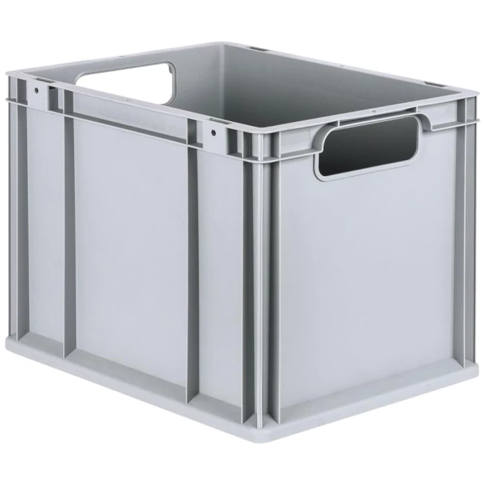 Lagerkasse grå plast 400×300×320 mm, åbne greb