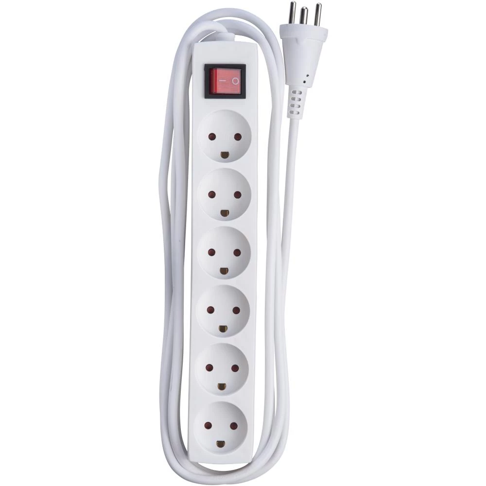 Stikdåse 6-vejs m/jord m/afb. hvid 3 mtr Stikdåse 6-vejs m/jord m/afb. hvid 3 mtr