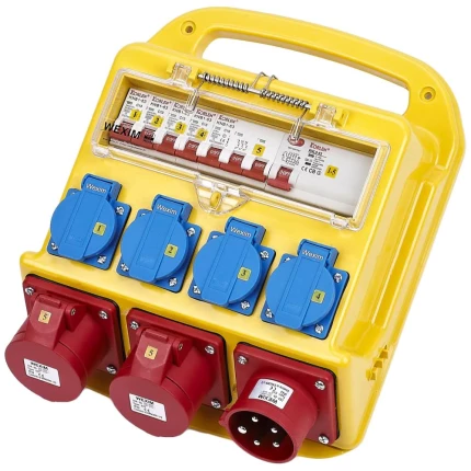 Byggestrømstavle 32A, 2×400V CEE + 4×230V Schuko Byggestrømstavle 32A, 2×400V CEE + 4×230V Schuko