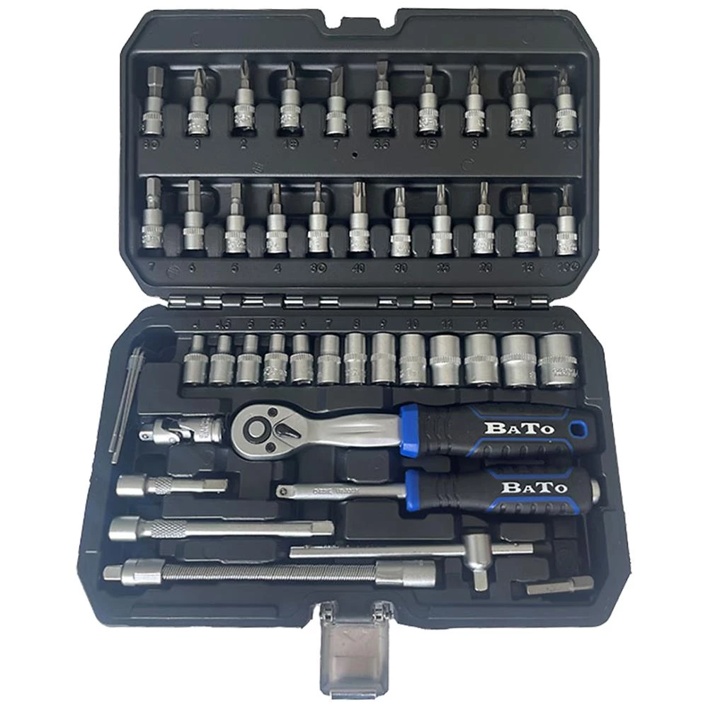 Topnøglesæt 1/4″ 4-14mm + bitstoppe, 46 dele Topnøglesæt 1/4″ 4-14mm + bitstoppe, 46 dele