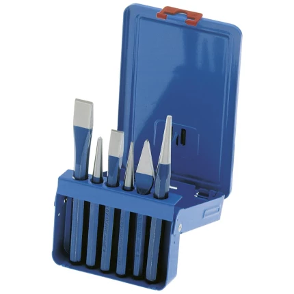 Mejsel-, dorn- og kørnersæt, 6 dele i metalæske