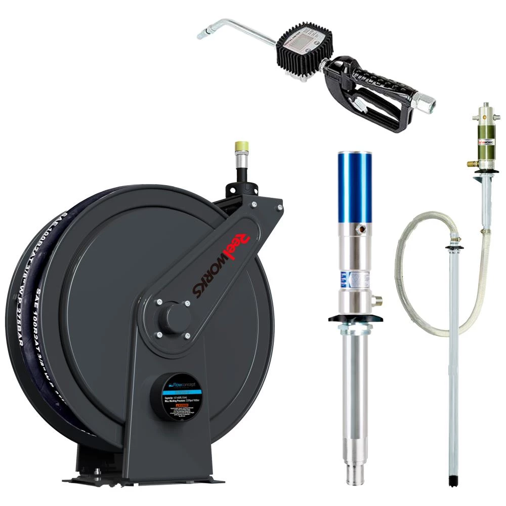 Komplet oliesæt med slangeopruller og pumpe Komplet oliesæt med slangeopruller og pumpe