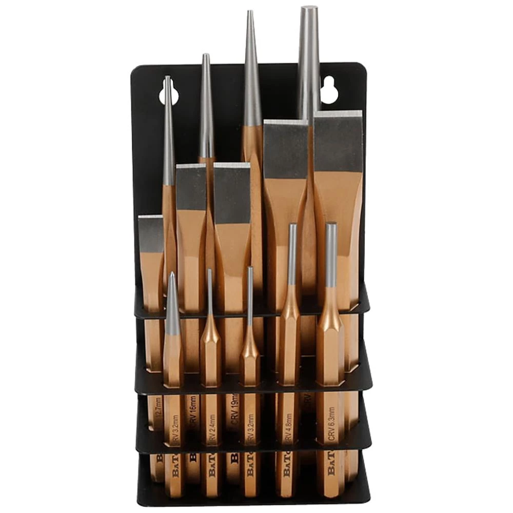 Mejsel-, kørner- og dyknaglesæt, 14 dele i holder Mejsel-, kørner- og dyknaglesæt, 14 dele i holder