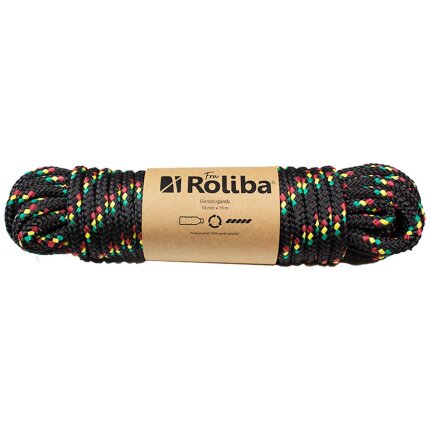 Genbrugsreb 10mm×15m sort m/rød/grøn/gul nister