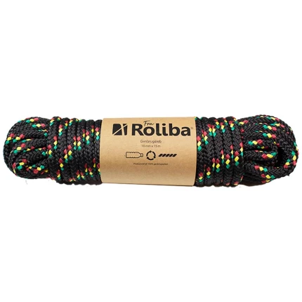 Genbrugsreb 10mm×15m sort m/rød/grøn/gul nister