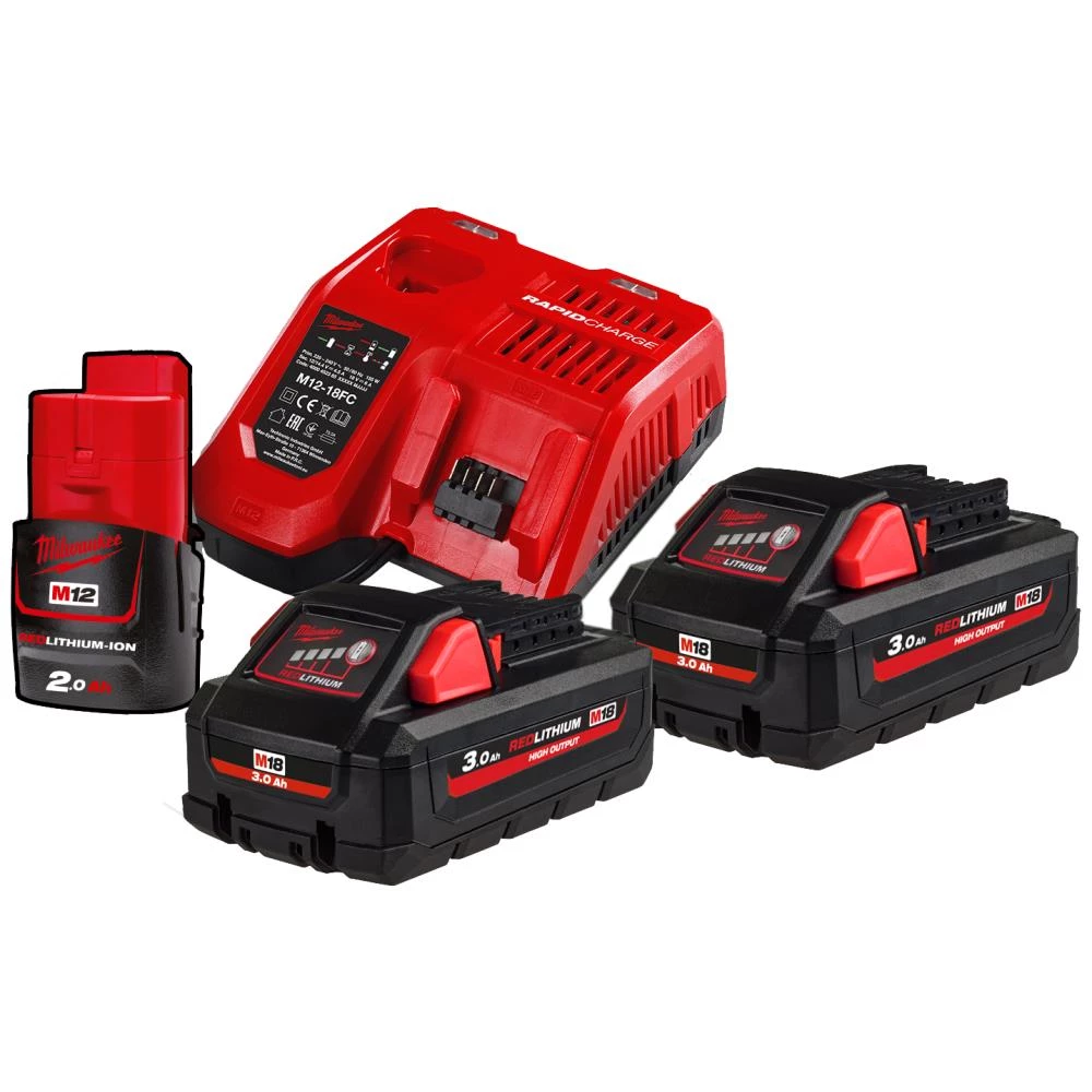 Startsæt M18, 2×M18 HB3+1×M12 B2+lader M12-18FC Startsæt M18, 2×M18 HB3+1×M12 B2+lader M12-18FC