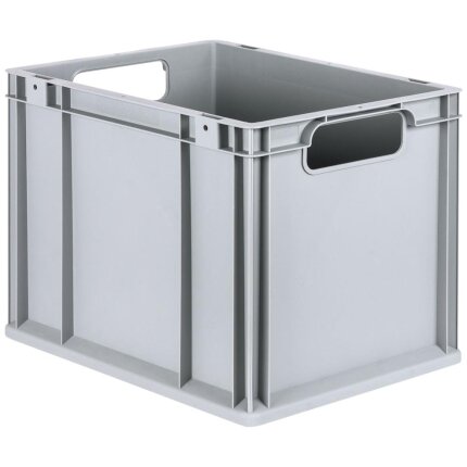 Lagerkasse grå plast 400×300×320 mm, åbne greb