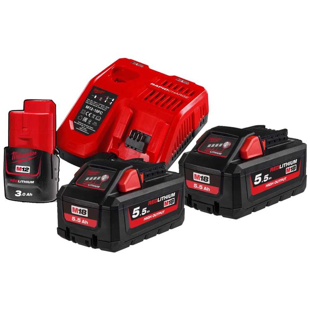 Startsæt M18, 2×M18 HB5,5+1×M12 B3+lader M12-18FC Startsæt M18, 2×M18 HB5,5+1×M12 B3+lader M12-18FC