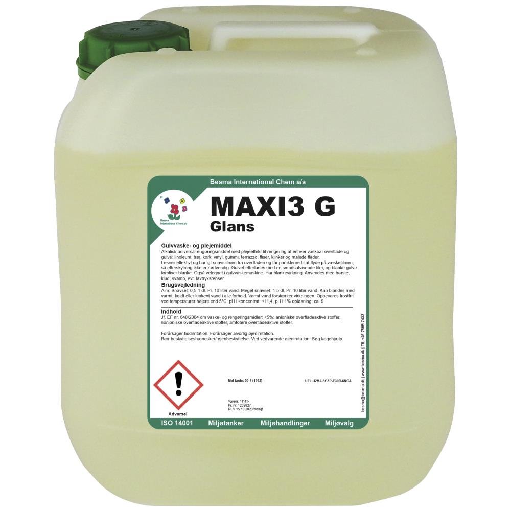 Maxi3 G gulvvaske-/plejemiddel 10 ltrt Maxi3 G gulvvaske-/plejemiddel 10 ltrt