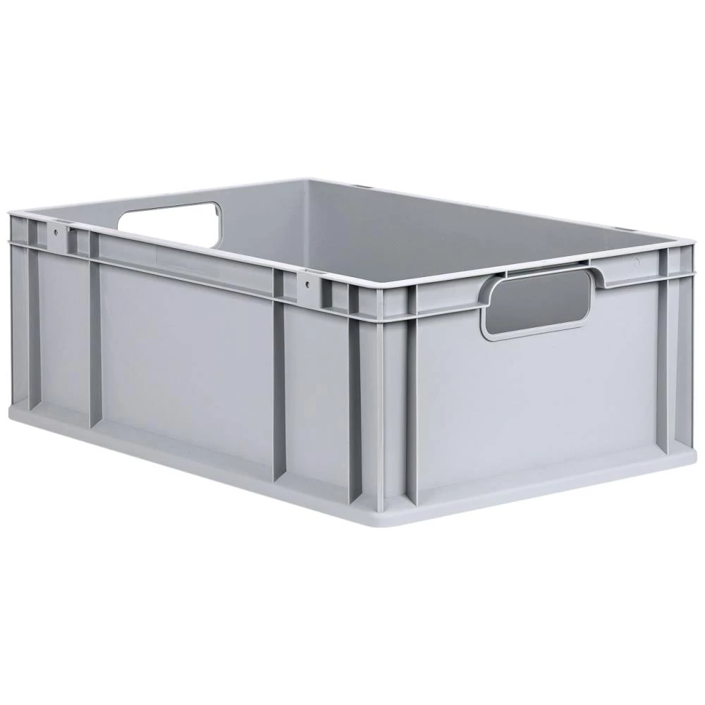 Lagerkasse grå plast 600×400×220 mm, åbne greb Lagerkasse grå plast 600×400×220 mm, åbne greb