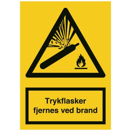 Adv.skilt plast A4 ‘Trykflasker fjernes ved brand’