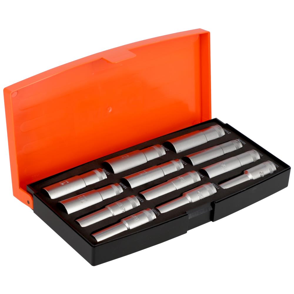 Topsæt 1/2″ 4kt, 12 lange 6-kanttoppe 10-21 mm Topsæt 1/2″ 4kt, 12 lange 6-kanttoppe 10-21 mm