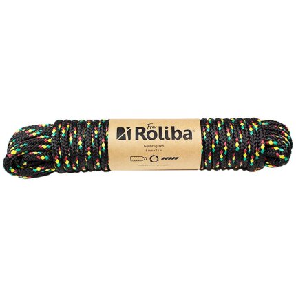 Genbrugsreb 8mm×15m sort m/rød/grøn/gul nister