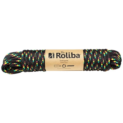 Genbrugsreb 8mm×15m sort m/rød/grøn/gul nister